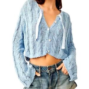 Free People Light Blue Cropped Cable Knit Cardigan